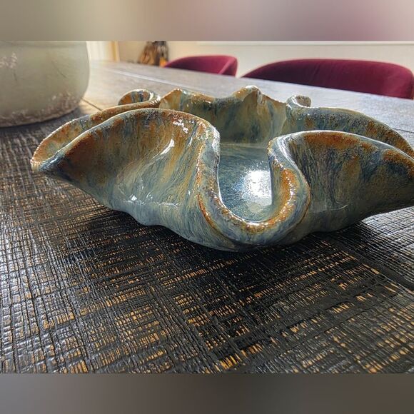 Glazed Wavy Handmade Blue Brown Trinket Bowl Catch All Small - Picture 4 of 6